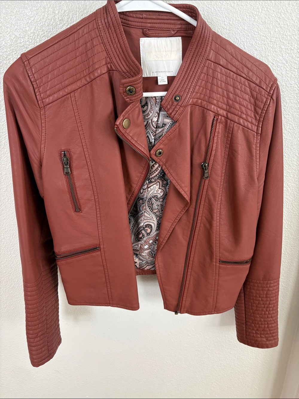 Anthropologie Rust Red Faux Leather Moto Jacket